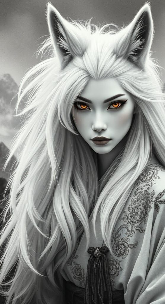 Kitsune Guardian: Ethereal Spirit in Mountain Forest