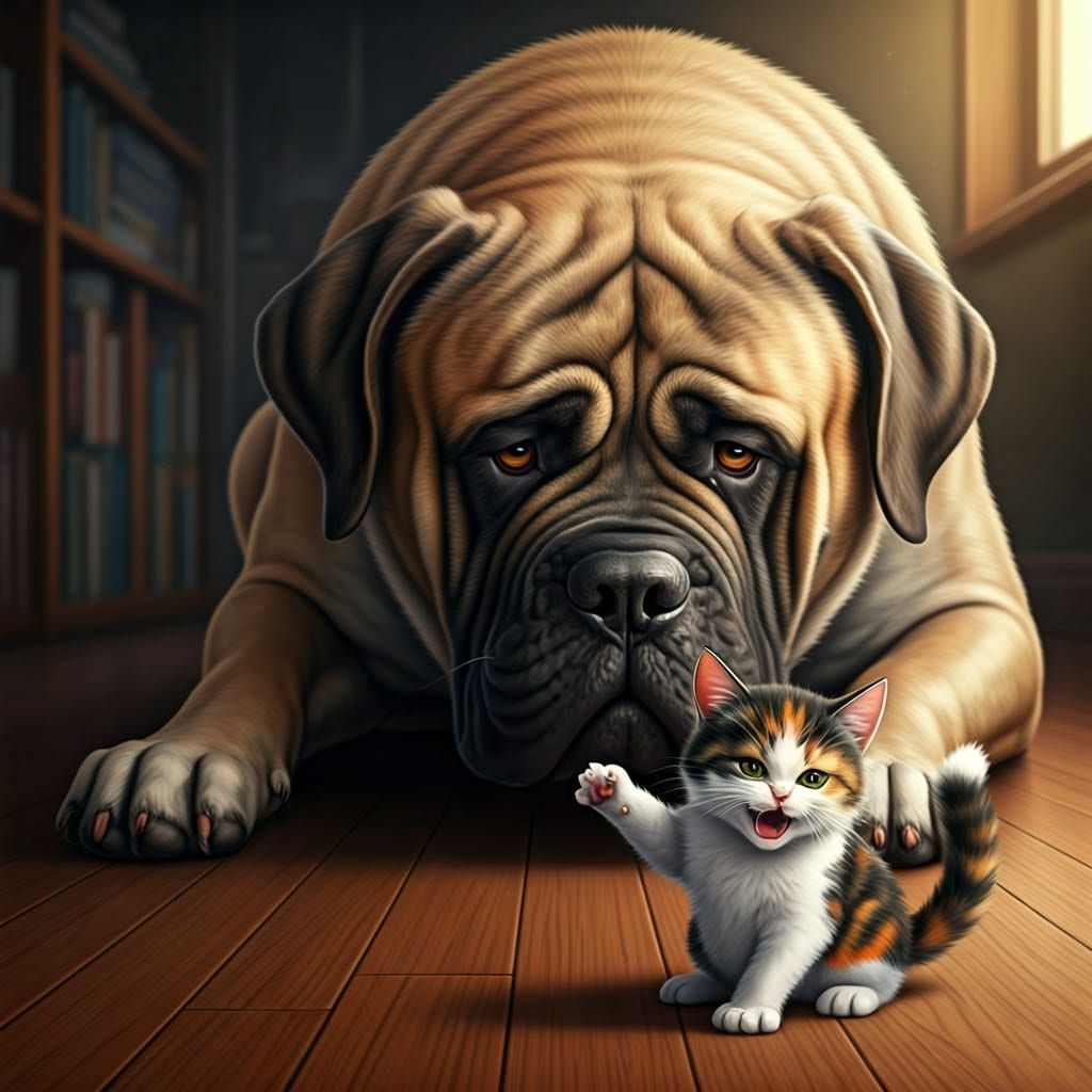 Mastiff Sniffs Calico Kitten in Cozy Home