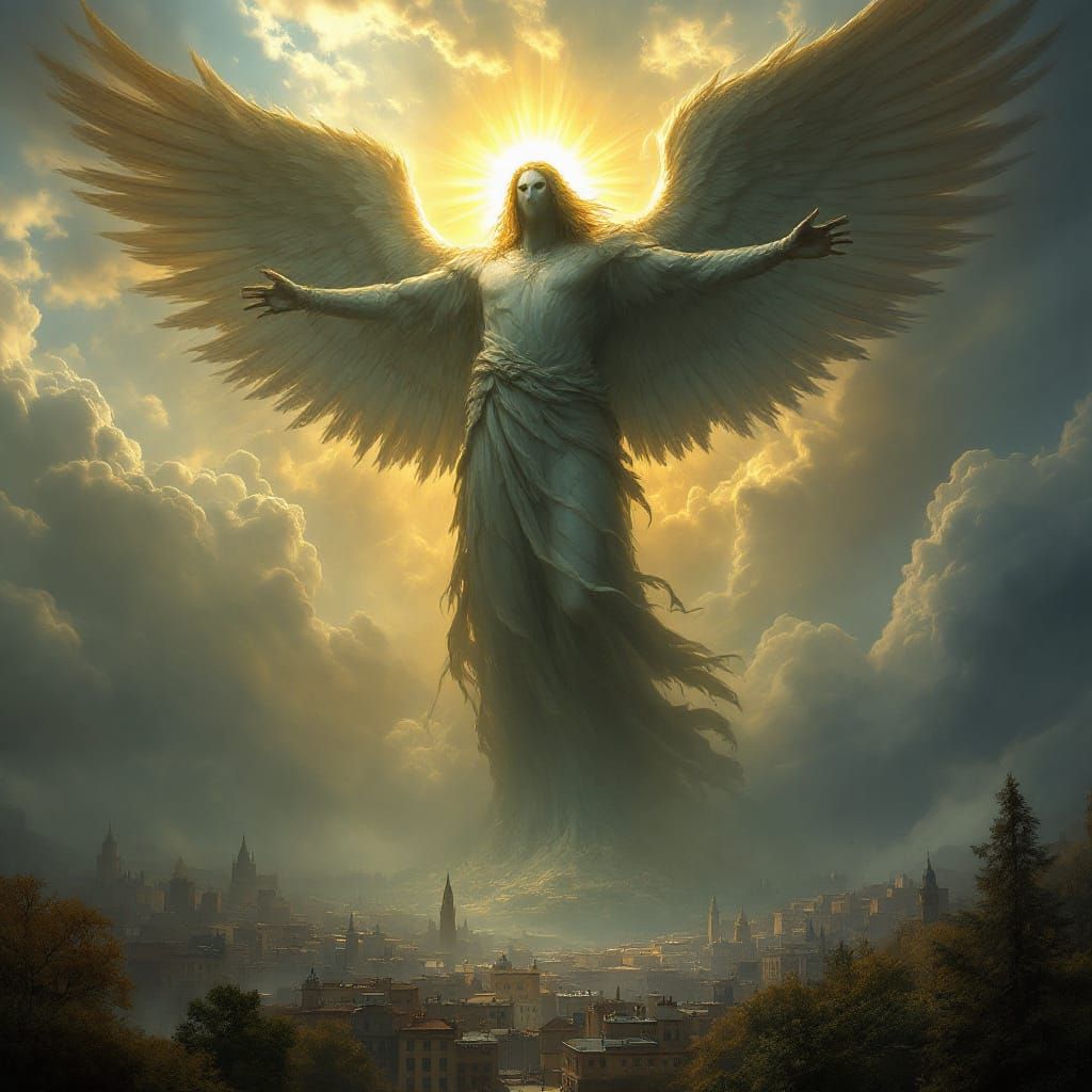 Biblical Angel Looms Over Eerie Cityscape