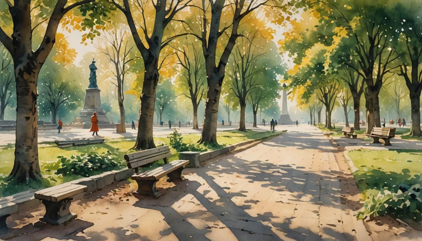 Soviet-Era Urban Park in Watercolor Style