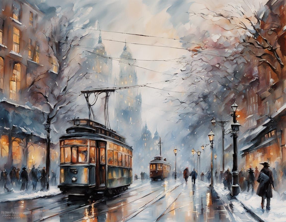 Snowy London Tram in Ethereal Haze, Watercolour Impressionis...