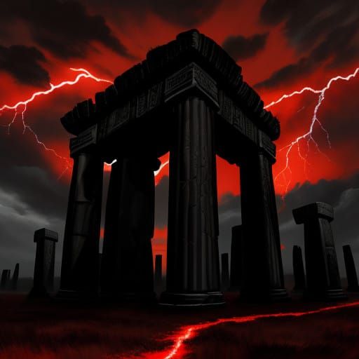 Gothic Monotone Stonehenge with Red Lightning Storm
