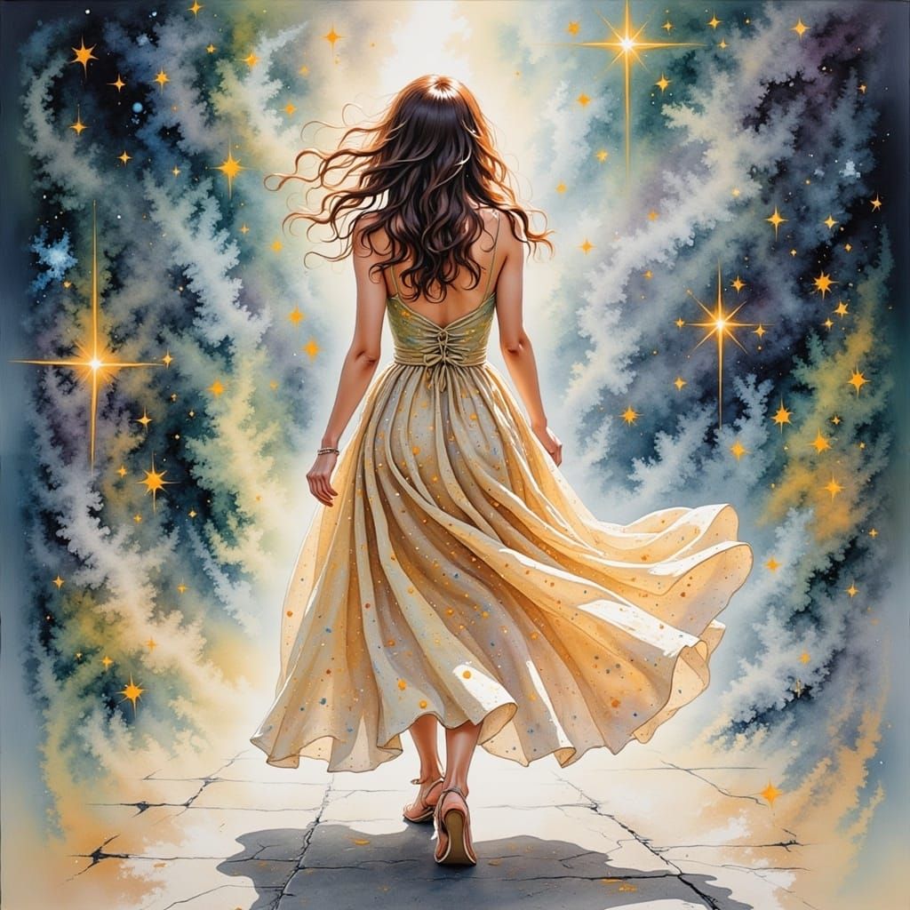 Woman Walking Along City Street in Whimsical Watercolour Sty...