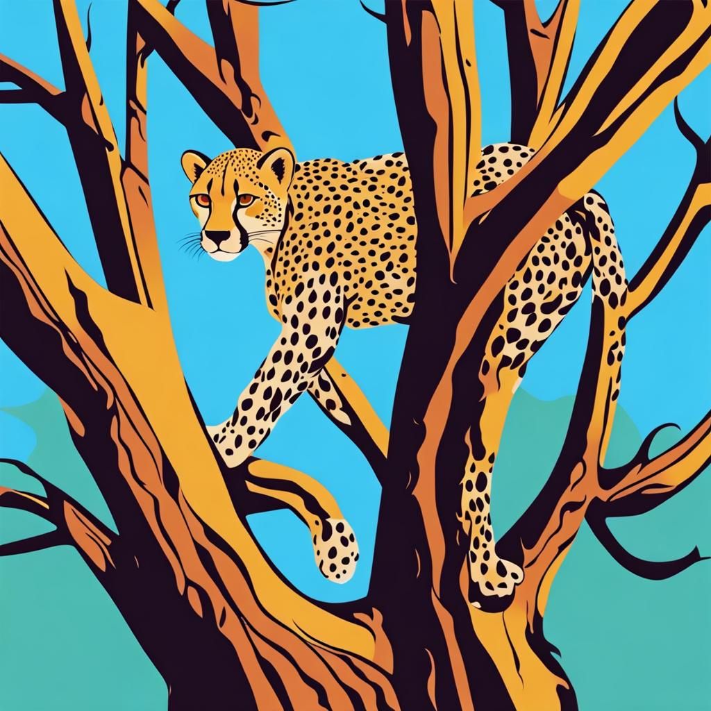 Abstract Cheetah Climbing Tree in Complementary Colors