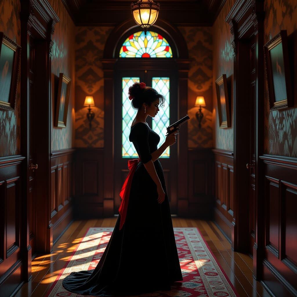 Victorian Woman with Derringer in Dimly Lit Hallway