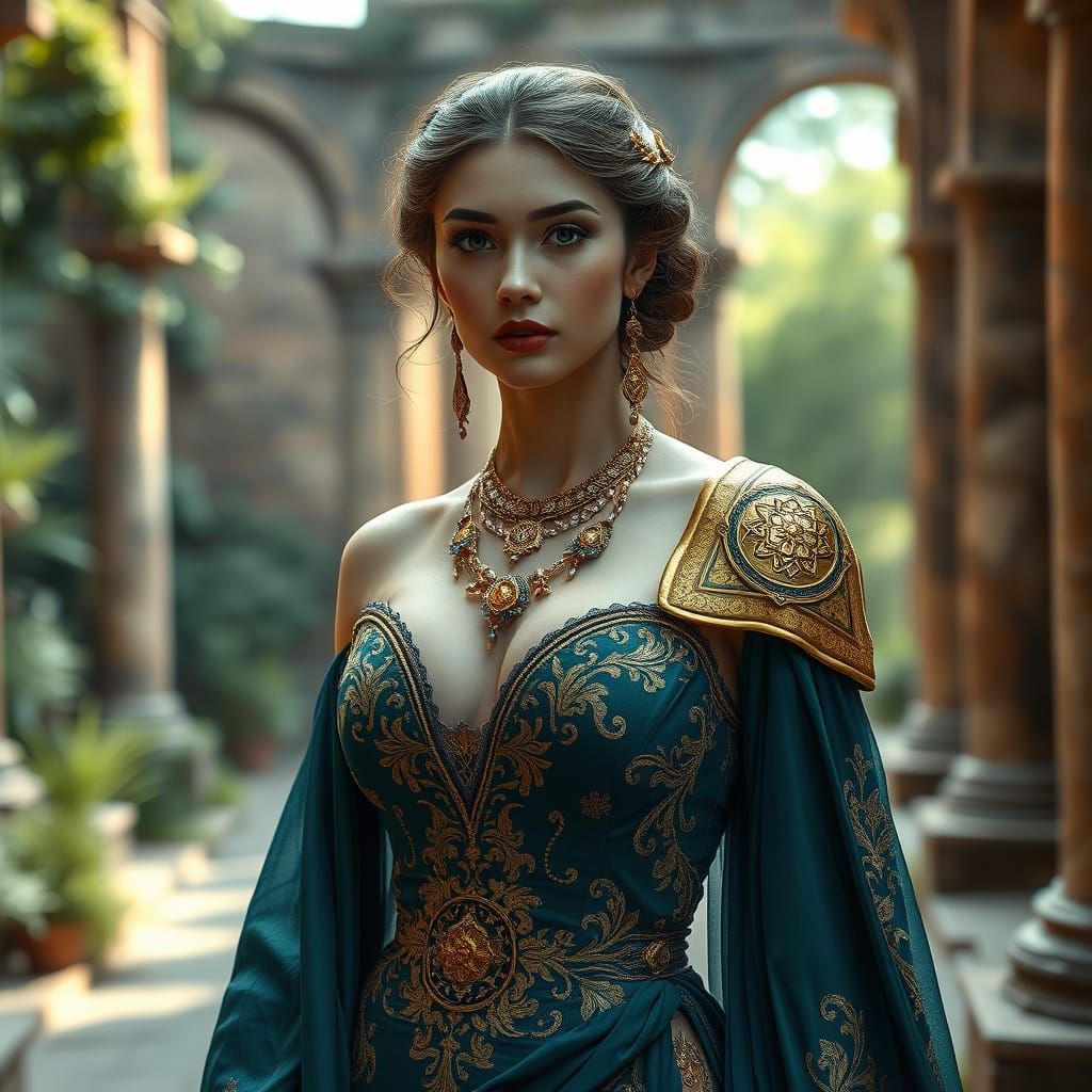 Regal Figure in Ethereal Ancient Ruins