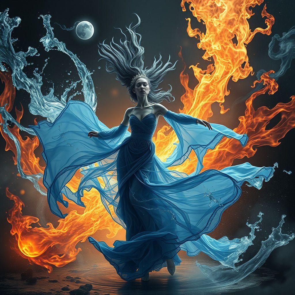 Monochrome Lady Dancing with Elemental Fury, Detailed Matte ...