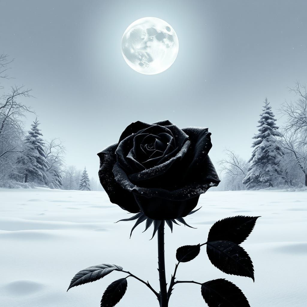 Mysterious Black Rose Blooms Under the Moonlit Snow