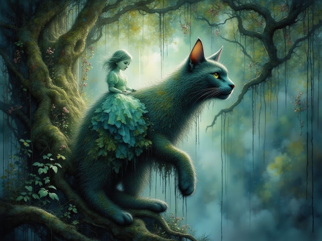 Majestic Moonlit Cat on Ancient Tree in Art Nouveau Style