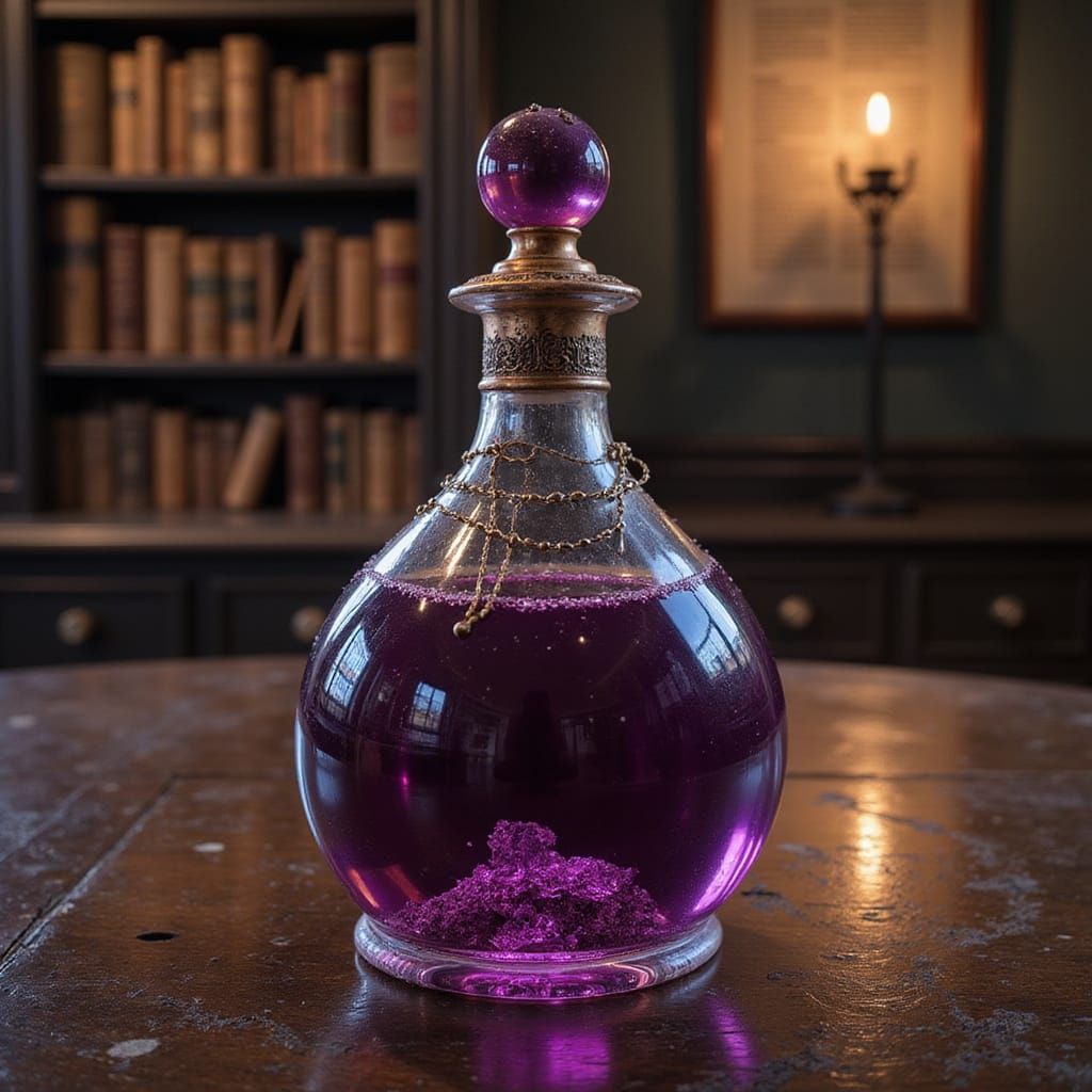 Mysterious Antique Potion Bottle in Dark Candlelit Room