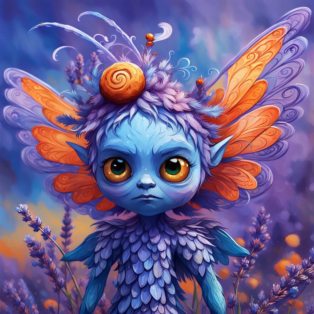 Grumpy Lavender Sprite in Dreamy Fantasy Landscape