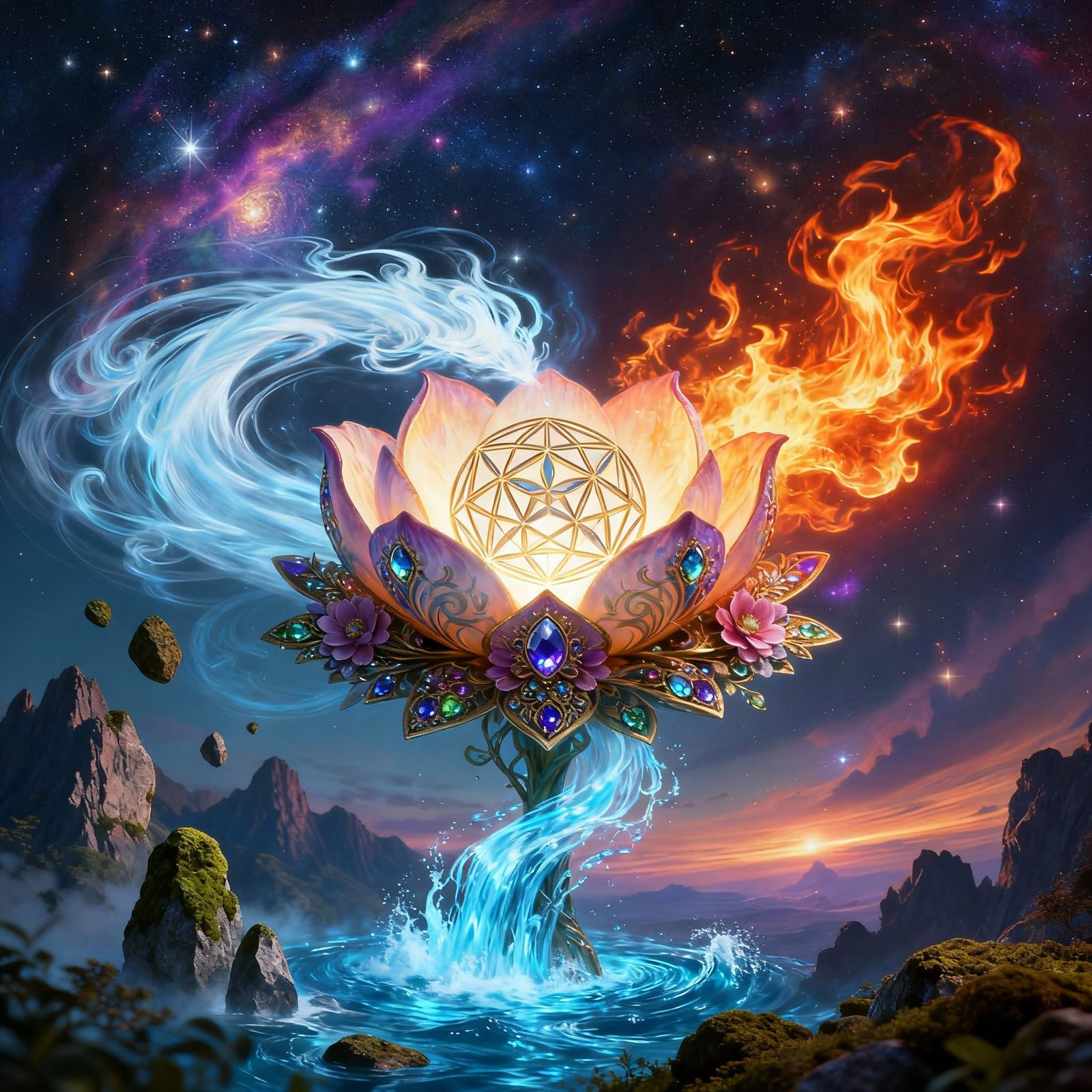 Mystical Flower of Life Blooms with Elemental Birth