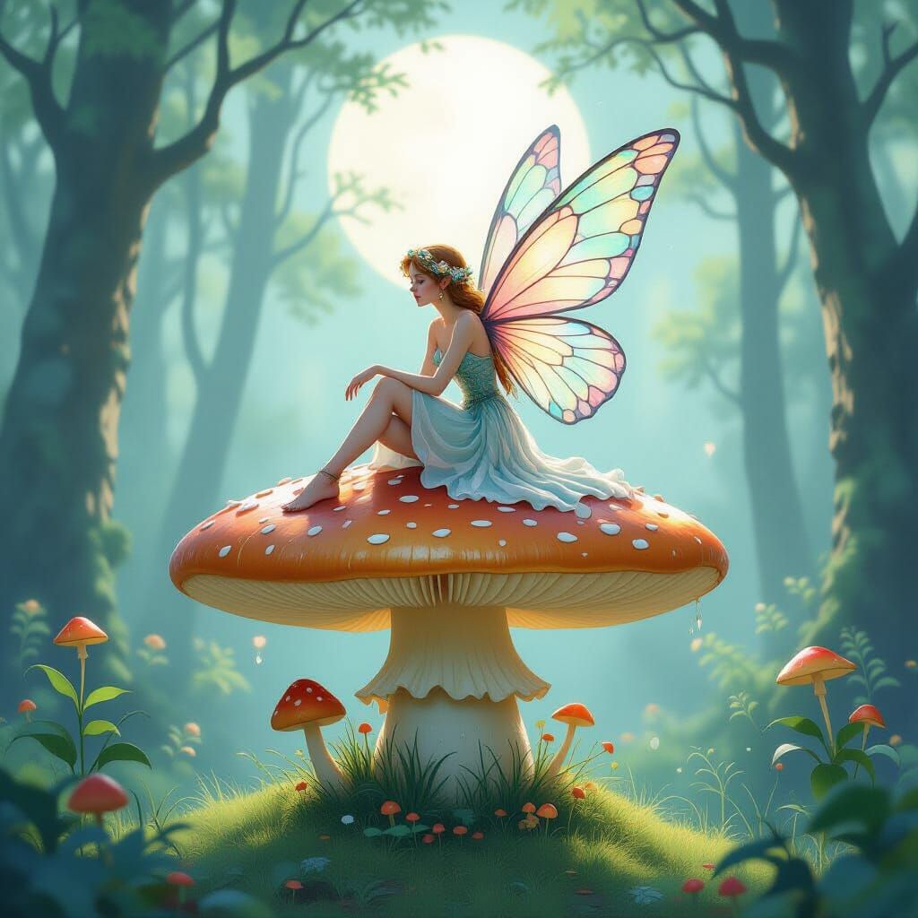 Ethereal Fairy on Glowing Mushroom in Misty Forest
