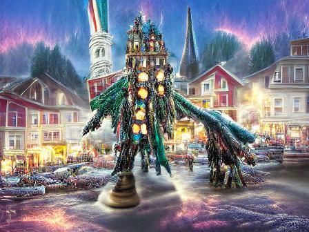 Christmas Tree in Snowy Victorian Town Square