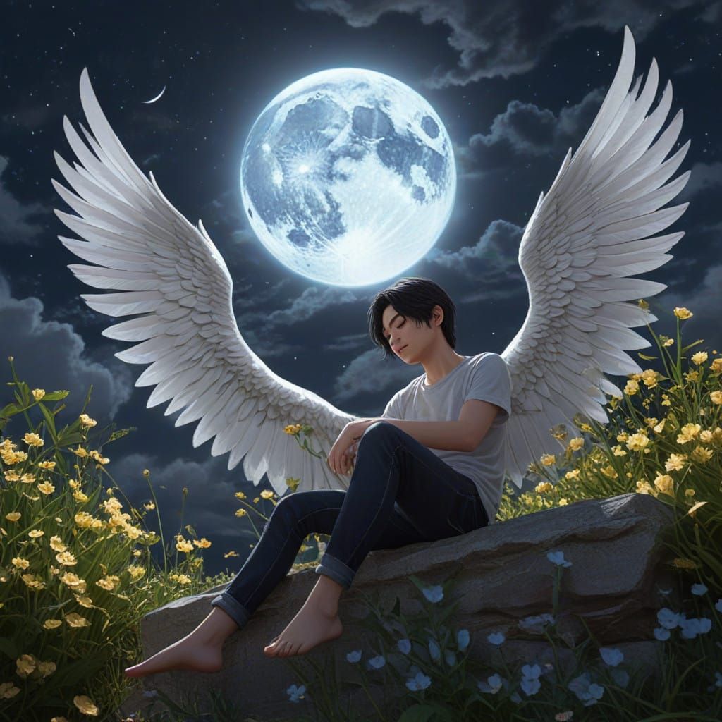 Dreamy Boy in 3D Anime Style, Sleeping on Crescent Moon