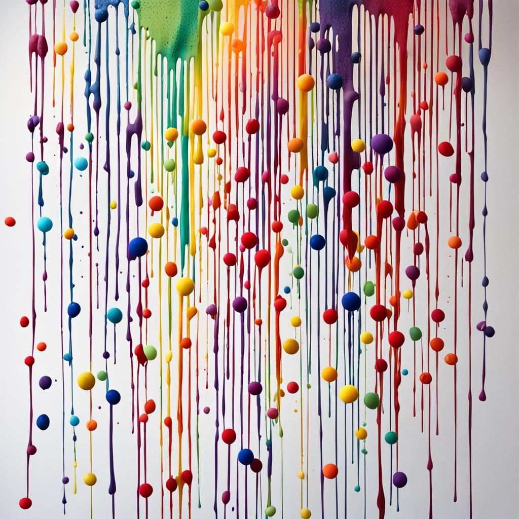 Rainbow Paint Dots Dripping Down White Wall