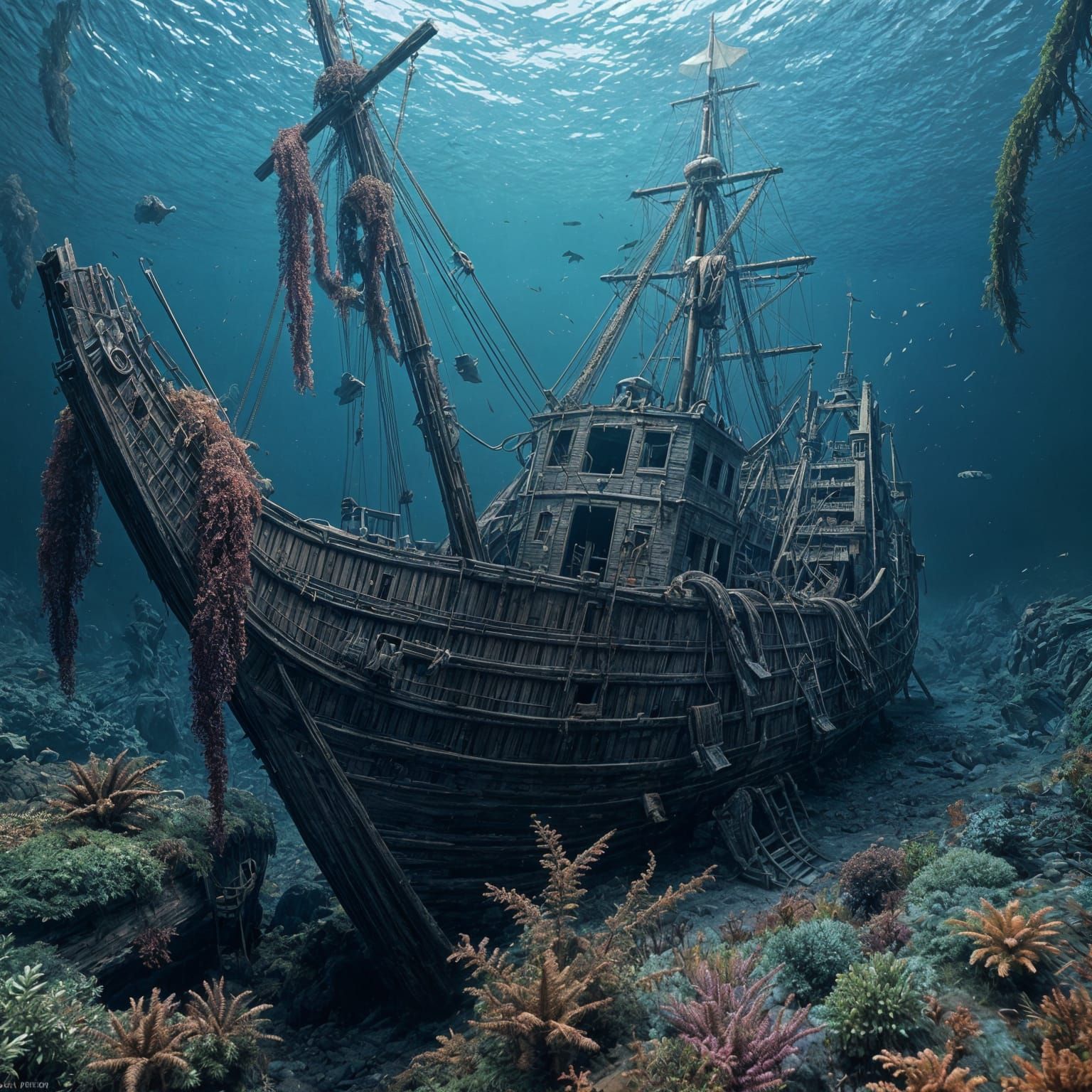 Mysterious Submerged Shipwreck in a Vibrant Oceanic Tapestry