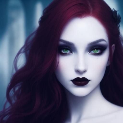 Ethereal gothic young lady with wavy crimson red hair and green eyes with black eyeshadow and black eyeliner and dark re...