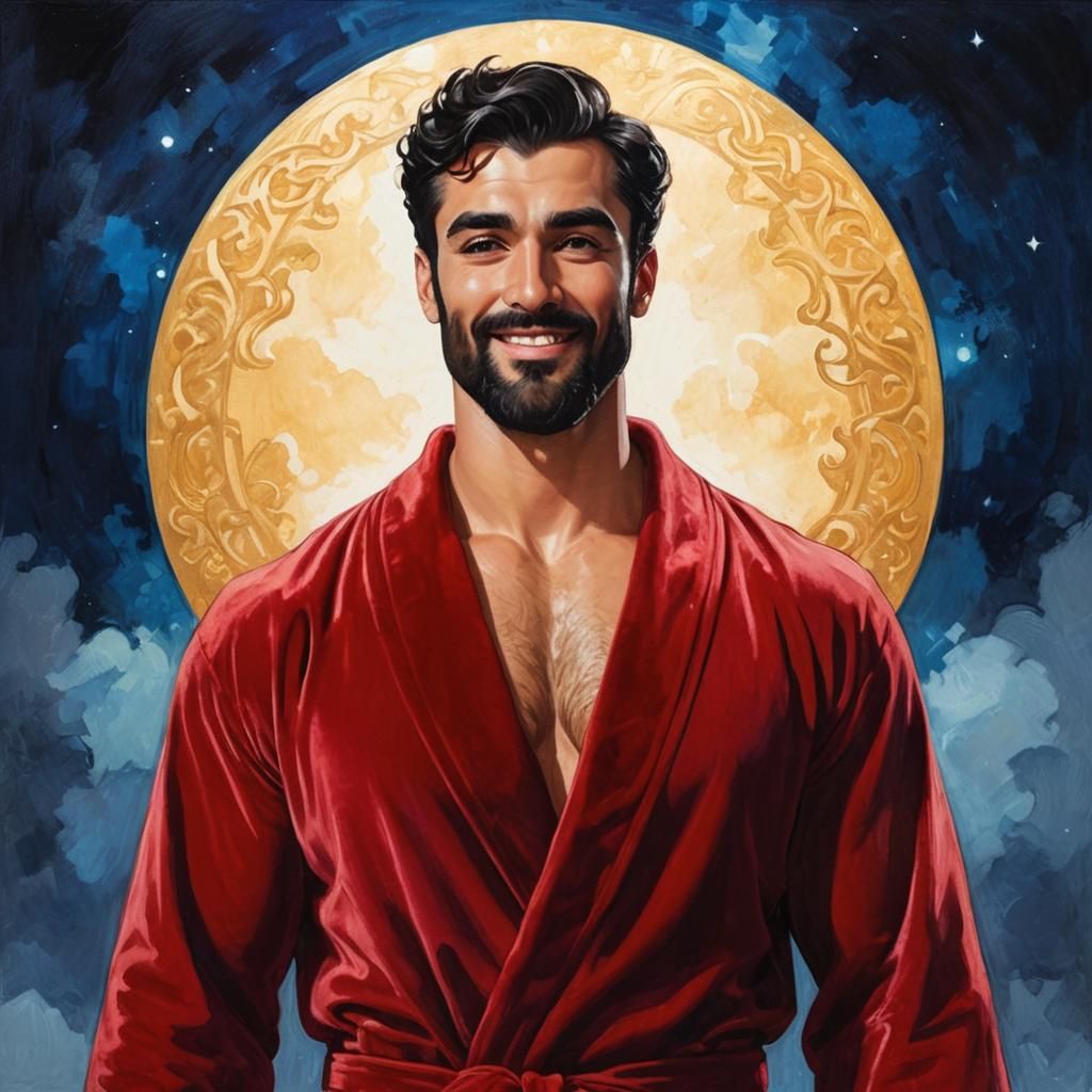 Divine Hero in Red Velvet Robe, Art Nouveau Portrait