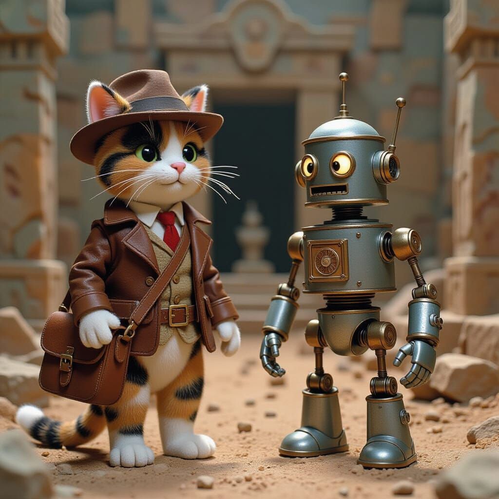 Calico Cat Archeologist and Robot in Claymation Style