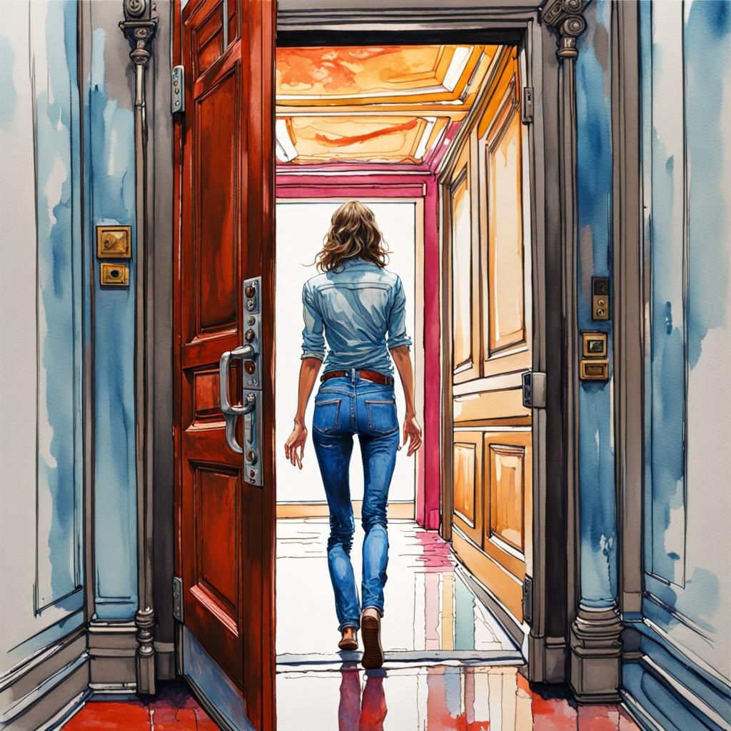 Woman Entering Room: Gouache and Watercolor Style