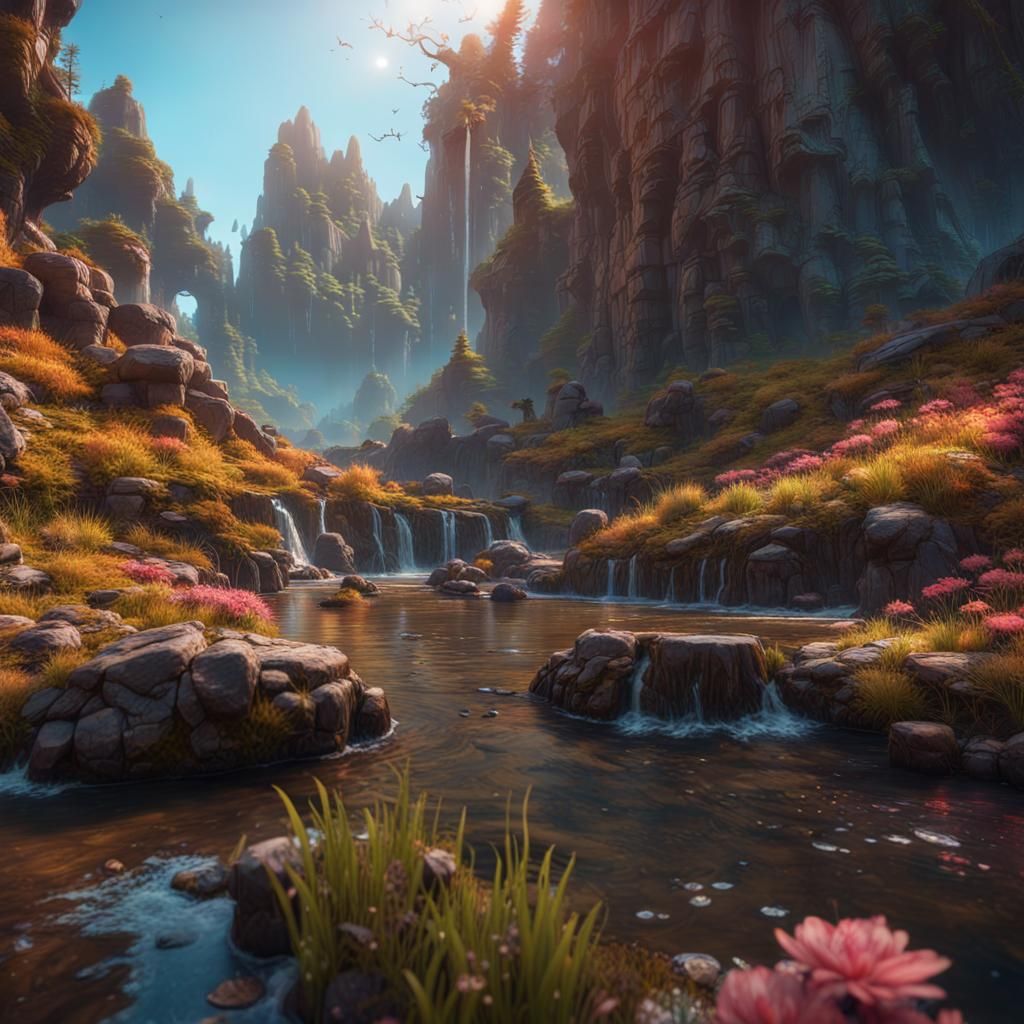 Cinematic fantasy landscape Hyperrealistic, splash art, concept art, mid shot, intricately detailed, color depth, dramat...