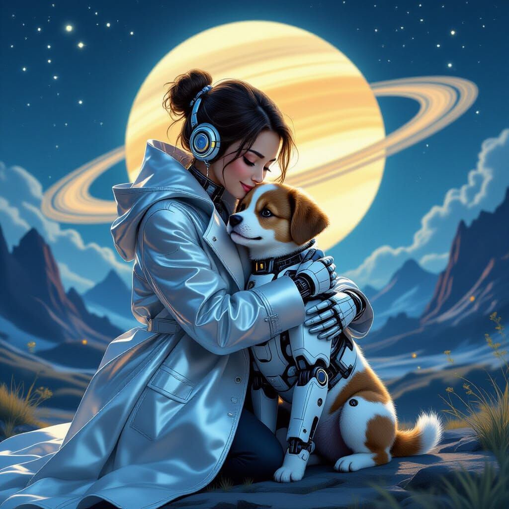 Robot Woman and Dog in Moonlit Landscape