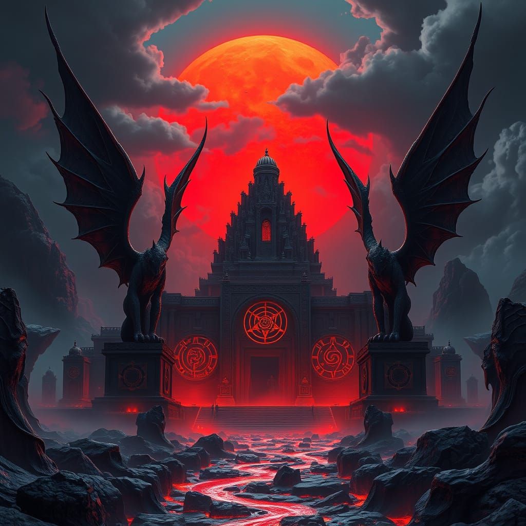 Obsidian Temple Under Blood-Red Eclipse, Dark Fantasy Style