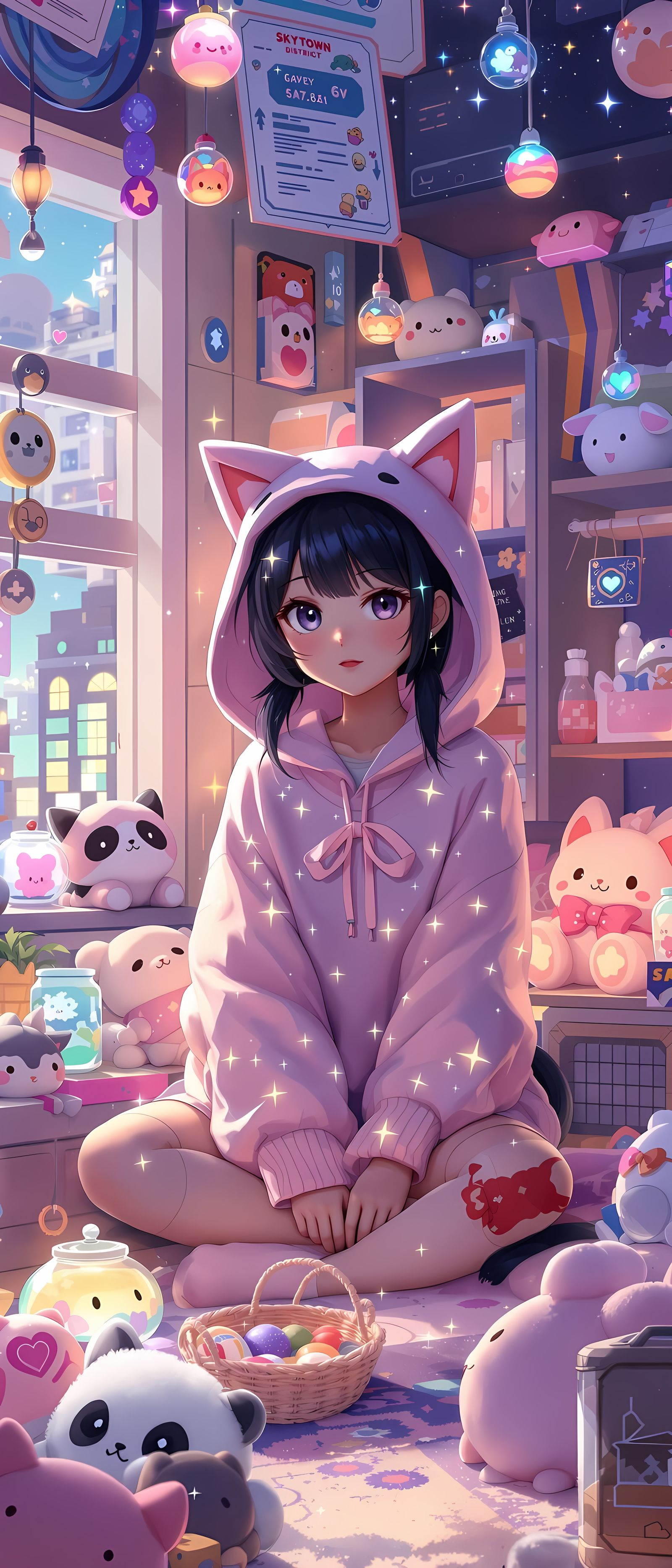 Dreamlike Kawaii Girl in Floating City, Digital Art