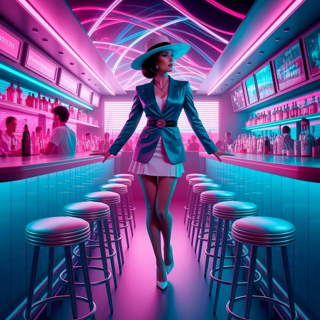 Elegant Woman in Miami Bar, Synthwave Aesthetic