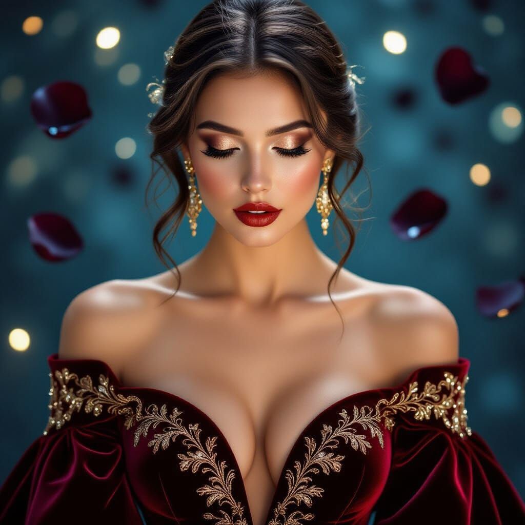 Woman in Red Velvet Gown Digital Art Portrait