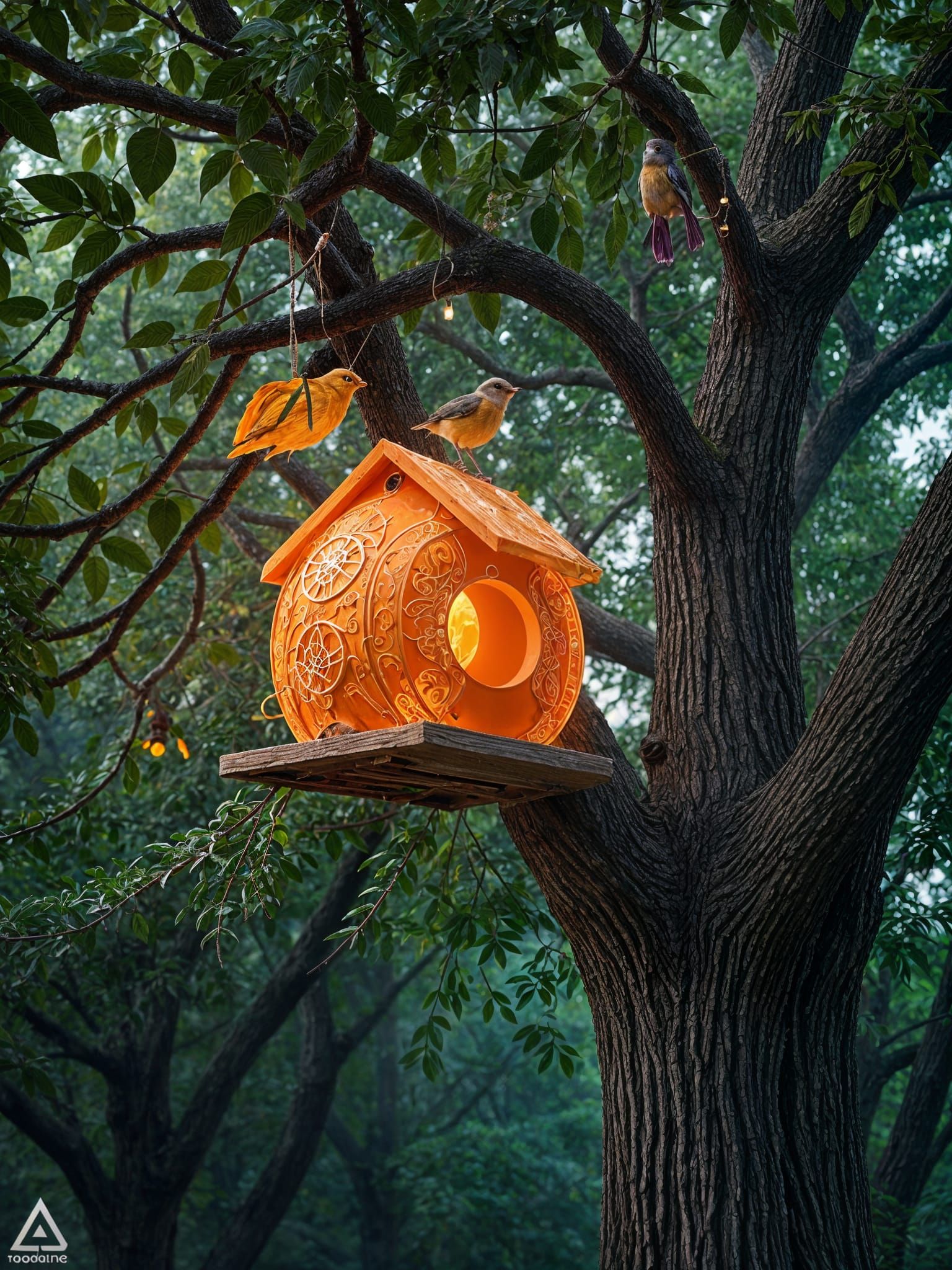 Robotic Bird in Glowing Orange Birdhouse Digital Art