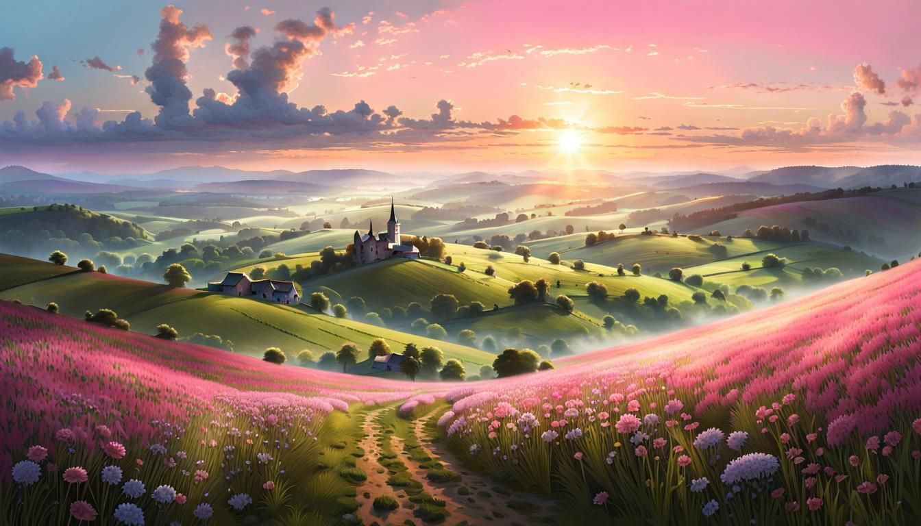 Lush Valley Panorama with Sunbeams and Pastel Sunrise