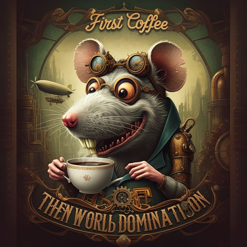 Steampunk Rat Sips Coffee in Whimsical Metropolis