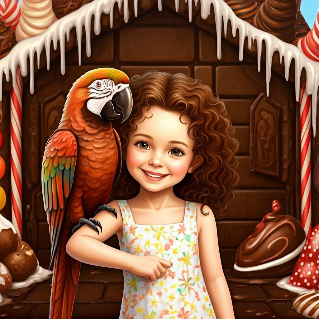 Whimsical Girl and Chocolate Parrot in a Sweet Surreal House