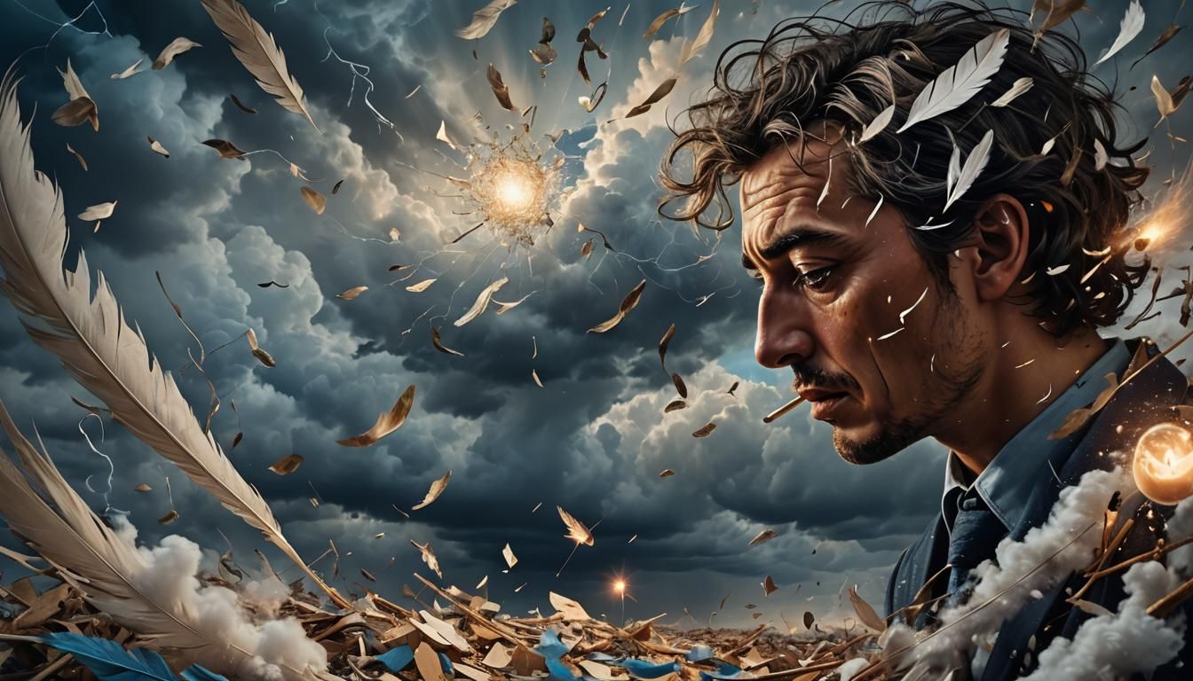 Man Focused Amidst Chaos in Surrealist Style
