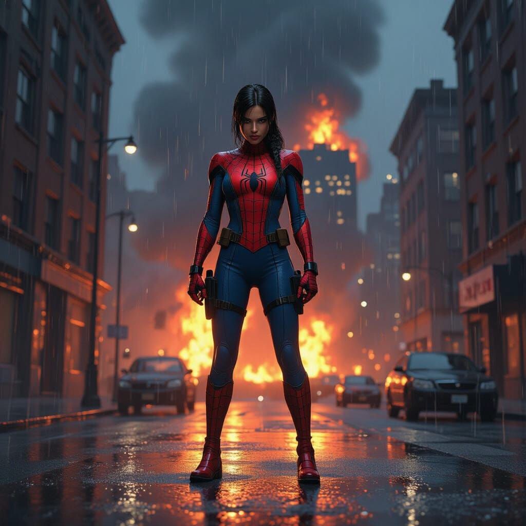 Lara Croft in Spider-Man Suit Amidst Fiery Cityscape