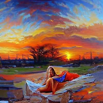 Vibrant Sunset: Beautiful Woman in Oil Painting Style