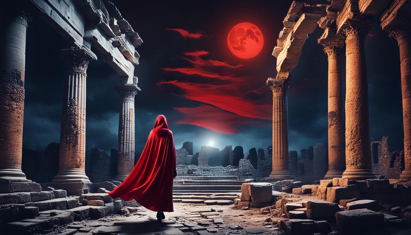 Mysterious Girl in Red Cape at Ancient Ruins