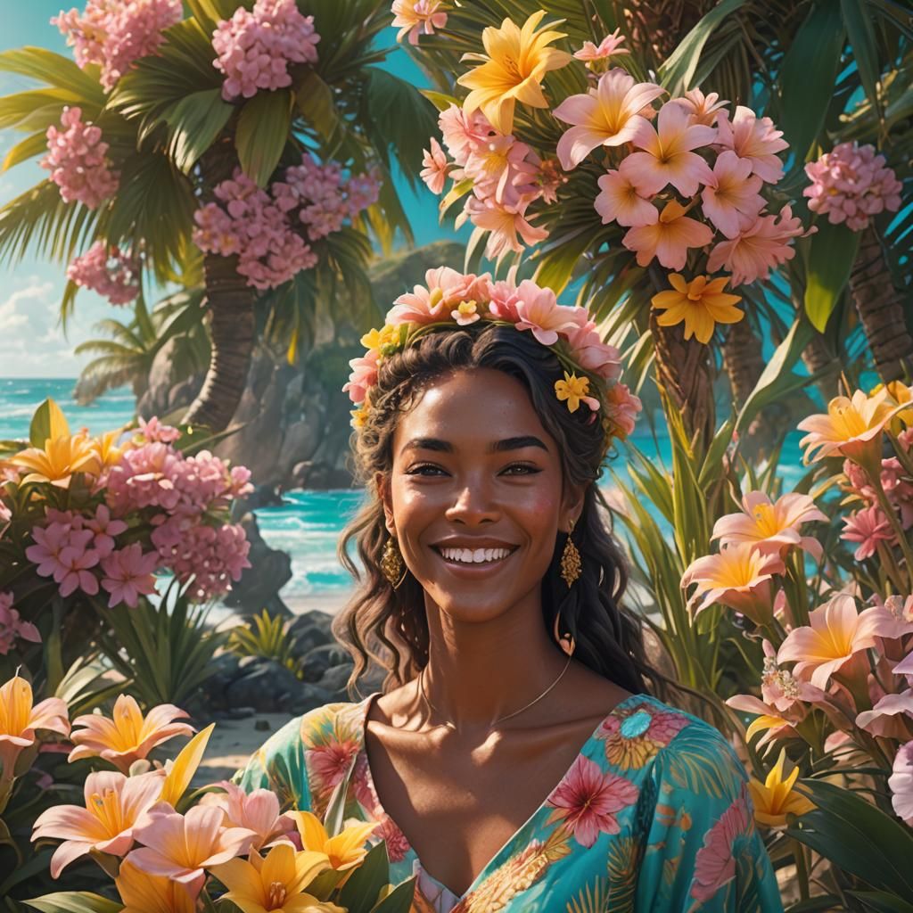 Girl with Flowers on Tropical Beach in Art Nouveau Style