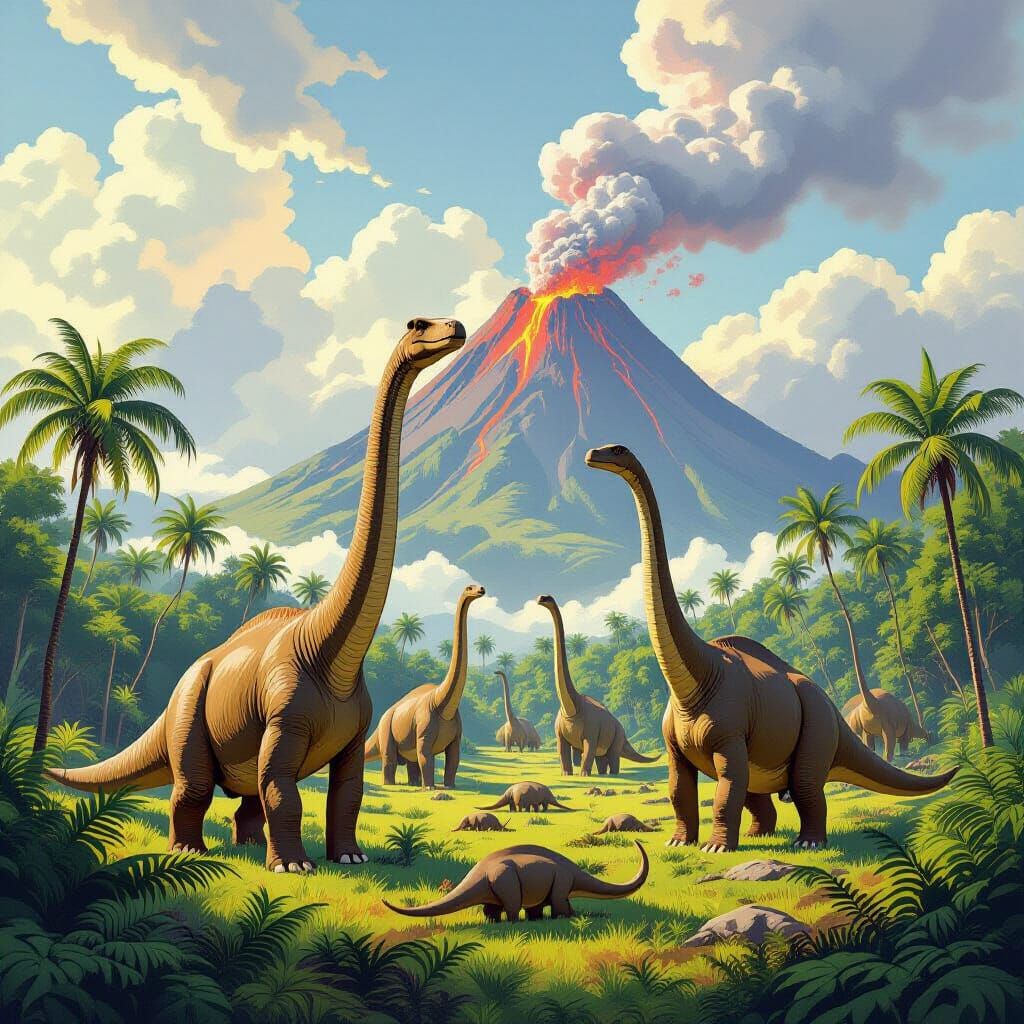 Brachiosaurus Herd Grazing in Prehistoric Jungle Illustratio...
