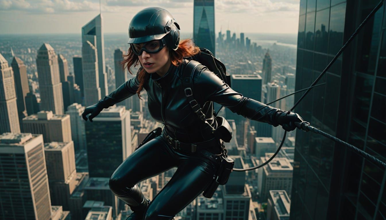 Glamorous Spy Descends Futuristic Cityscape in Cinematic Sty...