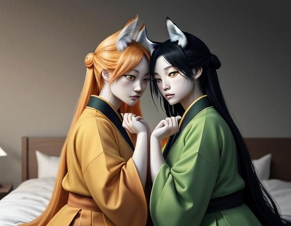 Kitsune Twins Kissing in Pastel Manga Style