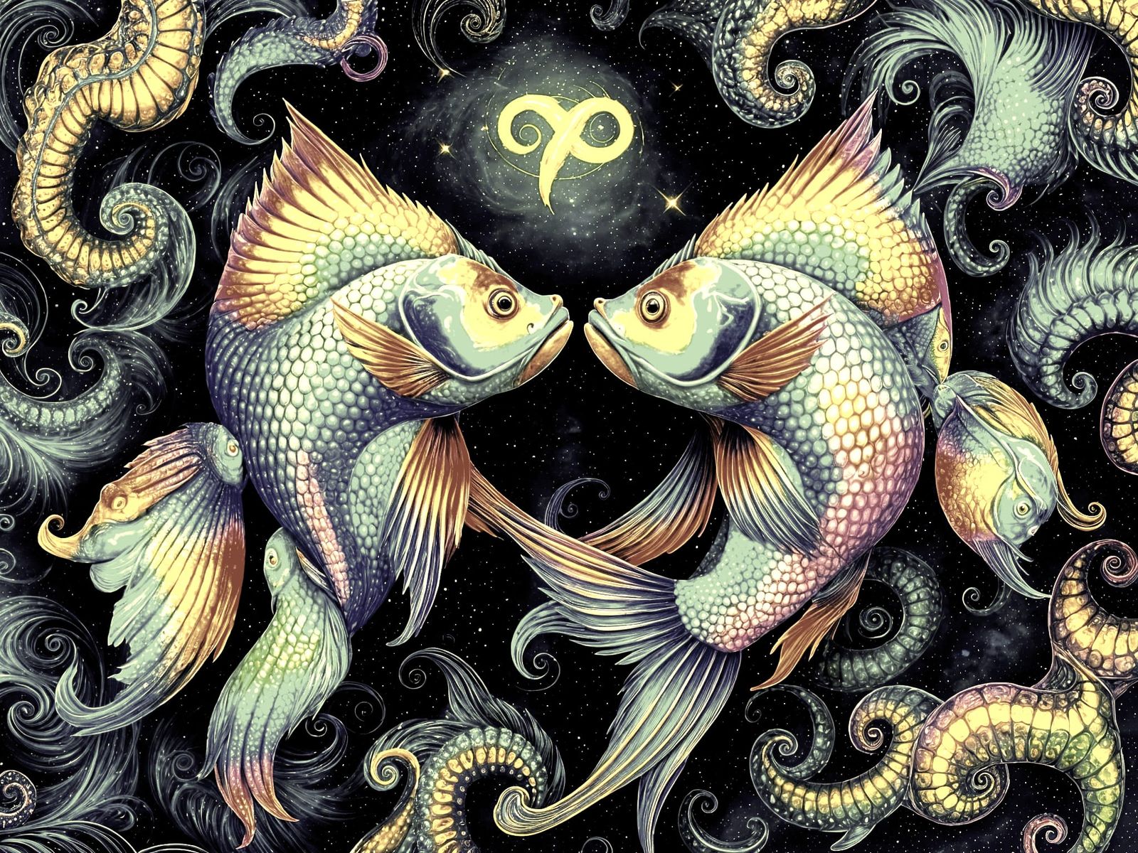Cosmic Fish Form the Pisces Symbol in Vibrant Colors
