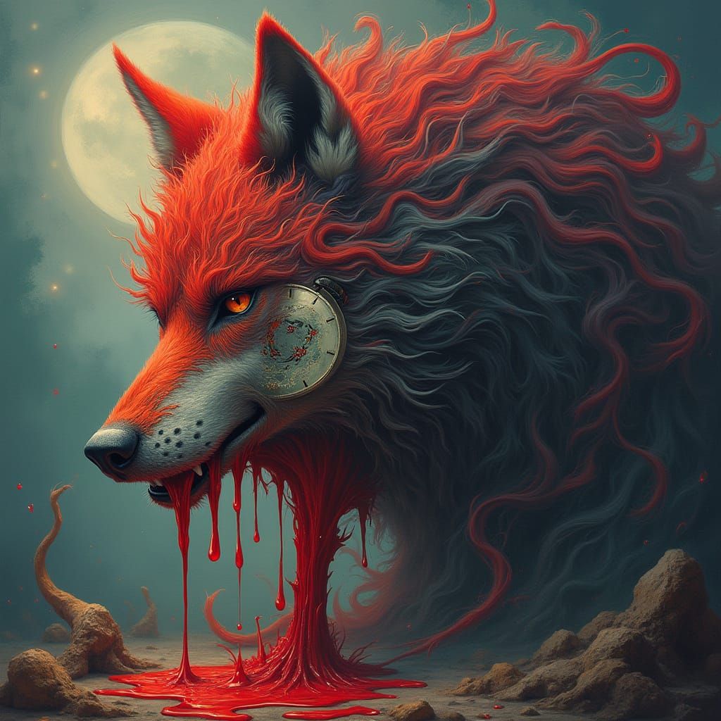 Surreal Wolf with Melting Clock in Dreamlike Haze