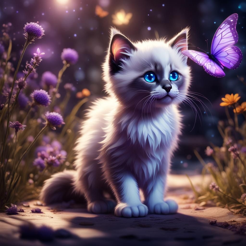 Ragdoll Kitten Investigates Glowing Butterfly