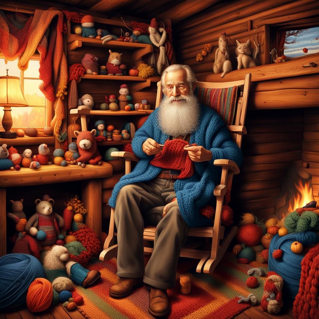 Cozy Cabin Scene: Old Man Crocheting a Sweater