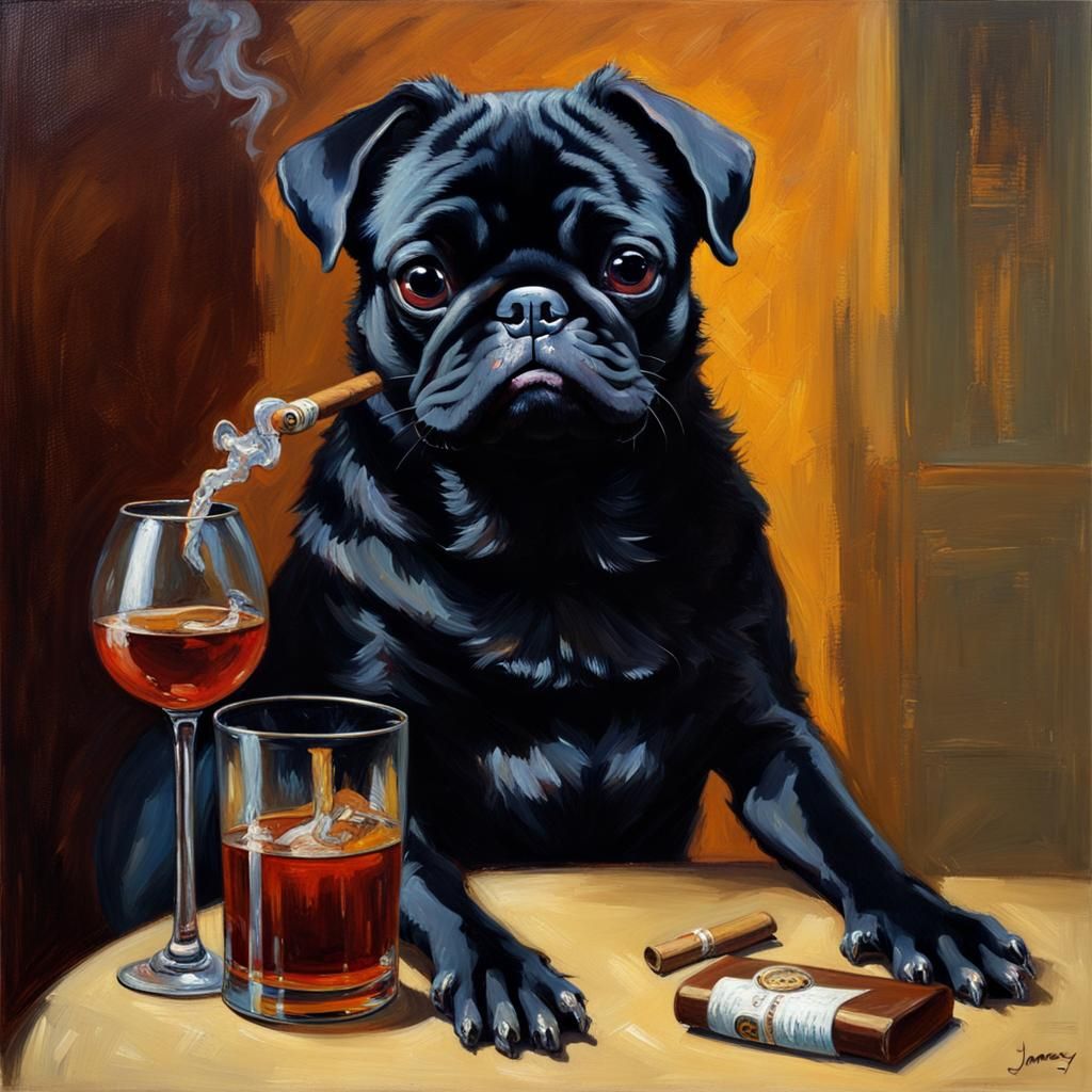 Pug's Night: Brandy, Cigar, and Oil Paint