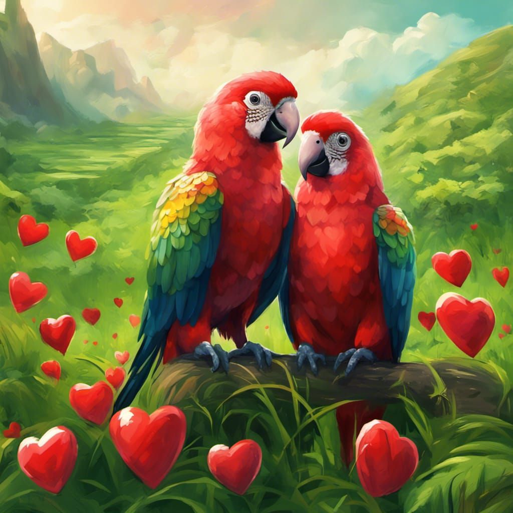 Parrots in Lush Field with Hearts: Fantasy Art