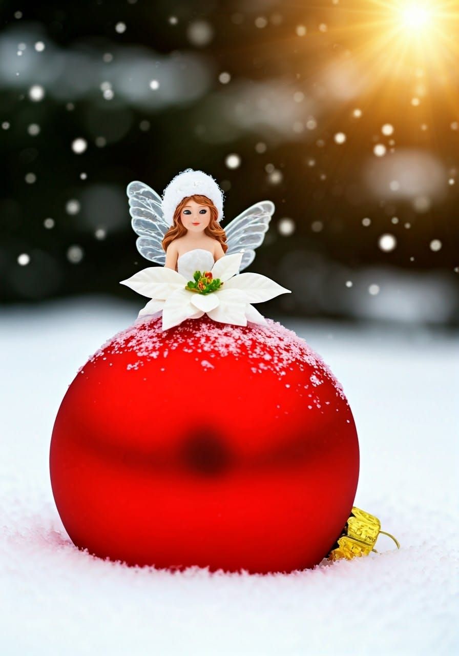 Winter Fairy Sits on Red Snow Globe